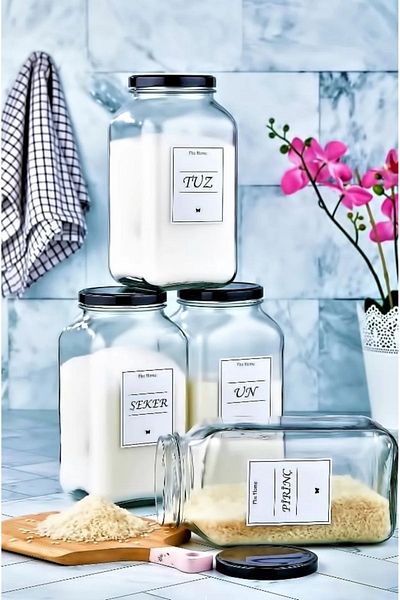 ŞAKİLATA CONCEPT Διακοσμητικός οργανωτής κουζίνας 4 τεμαχίων - Γυάλινο βάζο τροφίμων, αλατιού, ζάχαρης, αλευριού και ρυζιού (3000 cc)