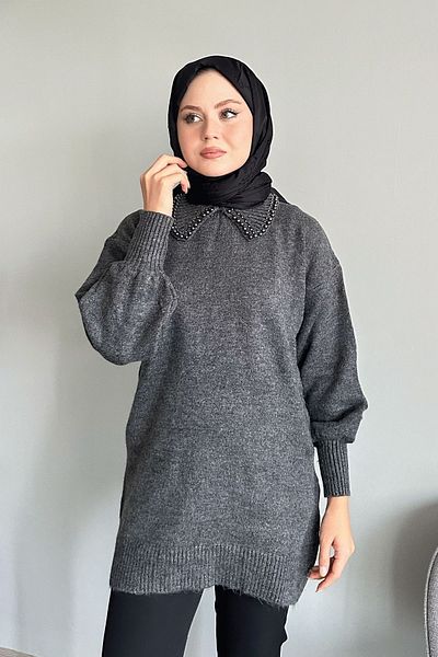 InStyle سترة محبوكة بياقة لؤلؤية من أنثراسايت