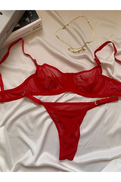 ROZENİN LINGERIE New Year's Gift Red Underwire Cupless Tulle Bralet Bra Set (Bra-Tanga)