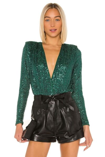 By Kul Design Green Sequined Padded Deep Low-cut Women's Bodysuit