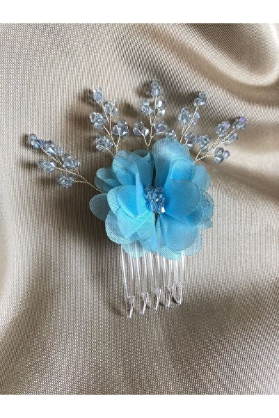 DOĞA ART STORE Mavi Çiçek Detaylı Taraklı Gelin, Nişan, Düğün Saç Aksesuarı