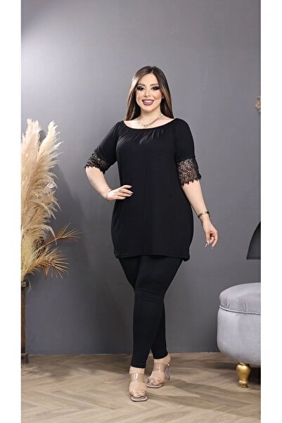 HÜLYA BUTİK Plus Size Black Madonna Blouse - Elastic Collar