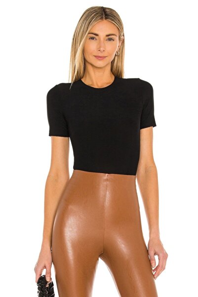 By Kul Design Body negru din jerseu de mătase cu mânecă scurtă pentru femei