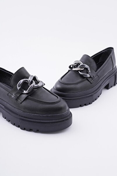 CZ London Genuine Leather Women's Chain Loafer Thick Soled Loafer Shoes