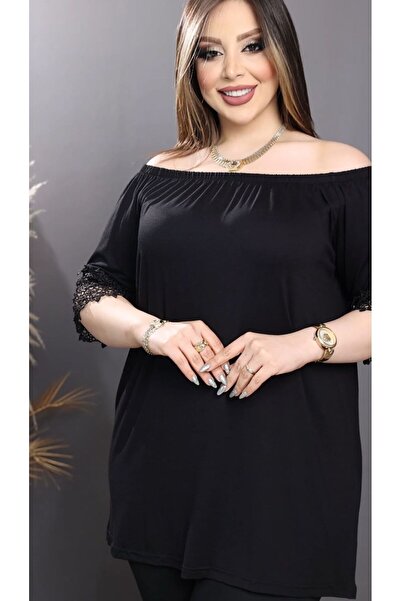 HÜLYA BUTİK Plus Size Black Madonna Blouse - Elastic Collar