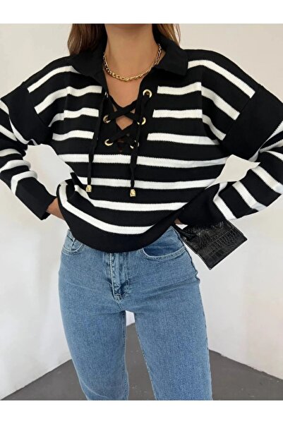 NATUFIAN STORE Pulover de damă cu guler în dungi, pulover de tricotaj pentru femei