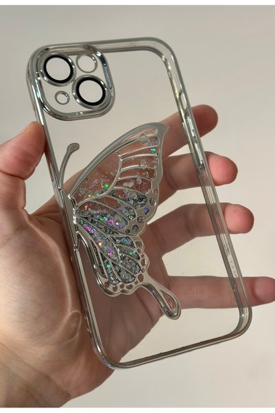 HYPERSOFT iPhone 13 (6.1 Inch) Compatible Camera Protector with Watery Glitter 3D Relief Butterfly Figure Transparent Case