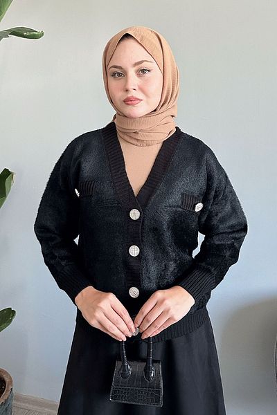InStyle Cardigan negru din tricotaje - cu detaliu de buzunar și pene