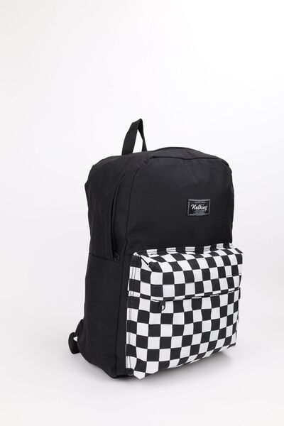 NOTHING Black and White Large Size Checkered Unisex School Backpack - with Pocket