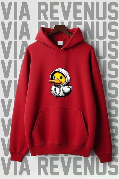 Vordevia Kangaroo Printed 3 Thread Duck Color Hooded Wide Fit Sweatshirt