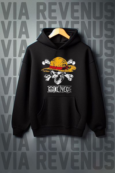 Vordevia One Piece Printed - Kangaroo Pocket Black Hooded Sweatshirt, 3 Thread Wide Fit