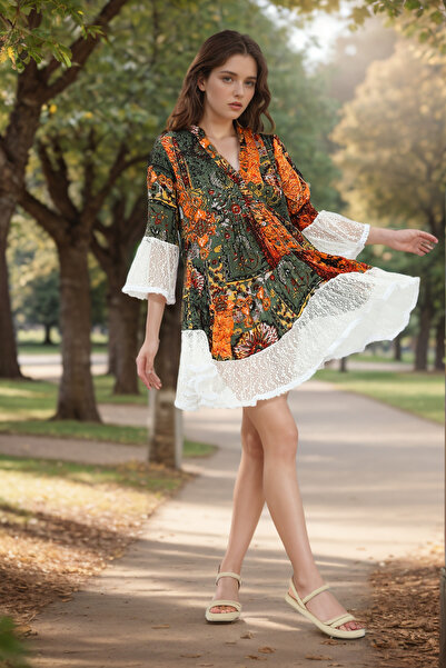 Loomora Bohemian Patterned and Lace Detailed Stylish Women's Mini Summer Dress