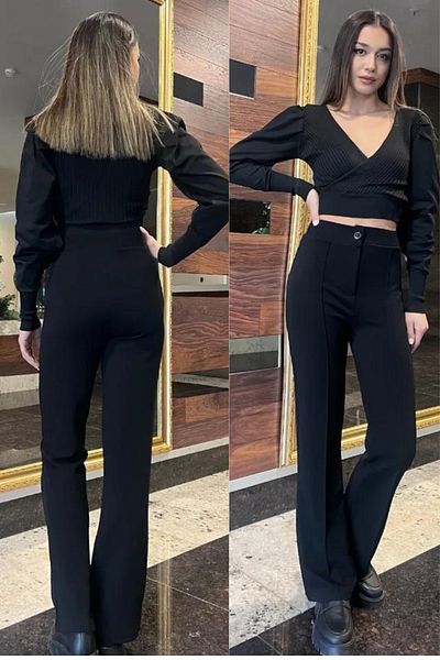 FEVİLLE Women's Black Plus Size Crepe Fabric Lycra Pants