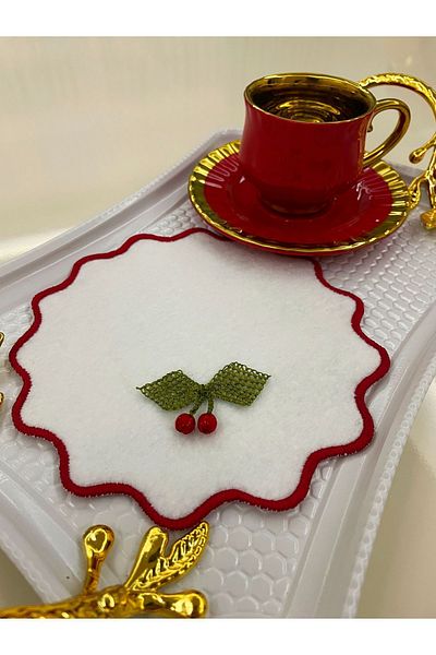 AYNAKIŞÇEYİZ 6 Pieces Red Cherry Needle Embroidery Embroidery Felt Coffee Side Presentation Napkin