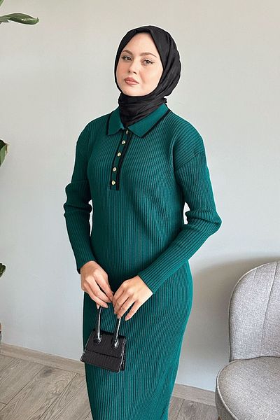 InStyle Emerald Colored Piping Knitwear Dress