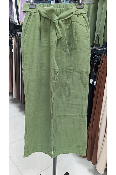 AKŞEN GİYİM Plus Size Muslin Cotton - Wide Leg Authentic Trousers with Double Pockets and Belted