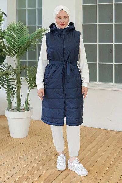 Armine Armine Trendy Navy Blue Vest with Waist Belt Detail - 2024 Autumn Season