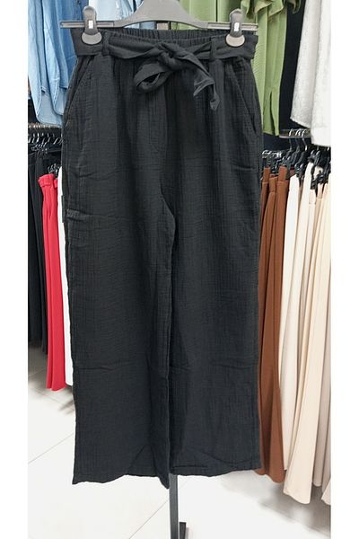 AKŞEN GİYİM Large Size Muslin Cotton Fabric Double Pocket Belted Elastic Waist Loose Wide Leg Authentic Trousers