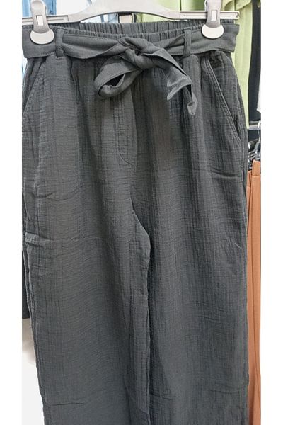 AKŞEN GİYİM Large Size Muslin Cotton Fabric Double Pocket Belted Elastic Waist Loose Wide Leg Authentic Trousers