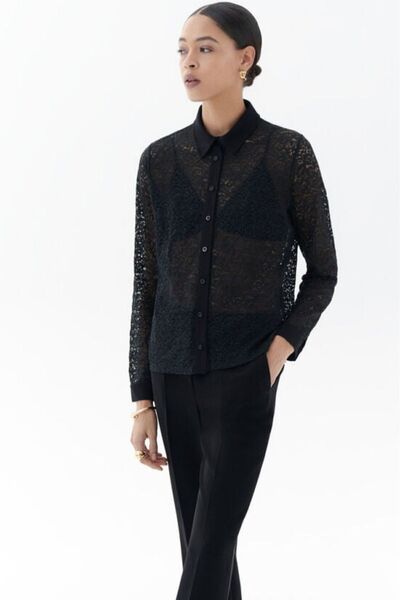 MAXLEVEL MODA Δαντελένια Λεπτομερής Άνετη Μπλούζα Πουκάμισο - Διαφανής