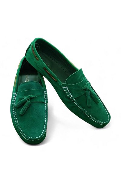 Baliz Loafer din piele naturală din piele intoarsa verde - pantofi cu ciucuri