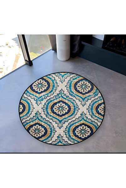 Rugs Modern Halı Blue Gray Tone Traditional Patterned Round Woven Base Vintag...