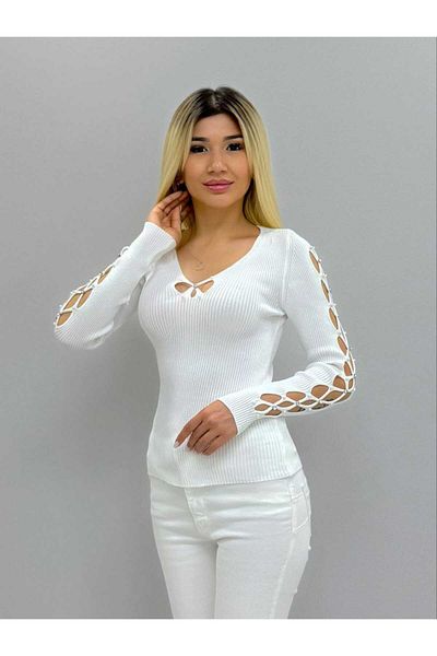 aytenli Pearl and Stone Detailed Collar Sleeve Low-Cut V-Neck Thin Knitwear Blouse