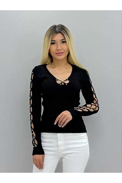 aytenli İnci Ve Taş Detaylı Yaka Kol Dekolteli V Yaka Ince Triko Bluz