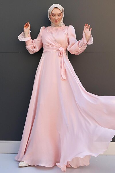 GİZ AGİYİM Fiyonk Detay İpek Abiye Soft Pembe