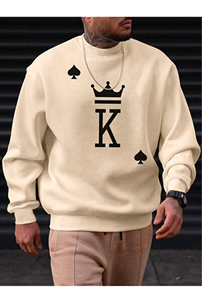 Cool Art K Maça Taç Noktalı Kalın Kışlık Sweatshirt - Bej Baskılı Oversize Şardonlu Bisiklet Yaka