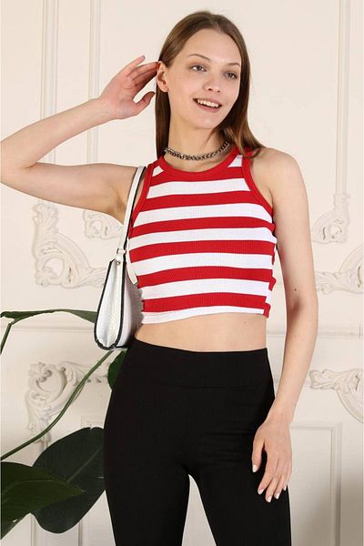VALENS BOUTİQUE Halter Neck Striped Slim Fit Crop Tank Top
