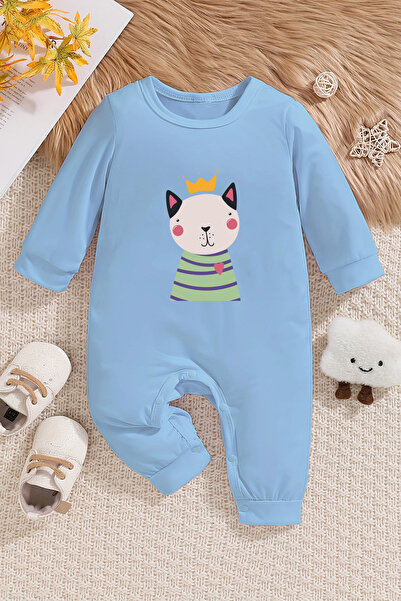 ADABEBEK New Season Little Cat Printed Baby Jumpsuit with Snap Fasteners at the Bottom - 22217