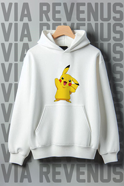 Vordevia Imprimat Pikachu - Hanorac cu glugă cu formă largă, buzunar cangur - Raster cu 3 fire