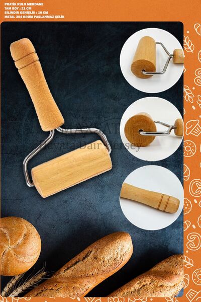 MAXSAT Ahşap Saplı Rulo Hamur Açıcı Merdane Oklava Pizza Börek Açma Hamur Şek...