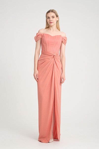 meksila kadın straptes kayık yakalı balenli korse detaylı uzun yırtmaçlı simli astarlı nişan davet abiye