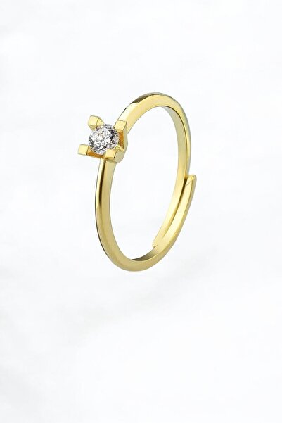 jelux silver Gümüş 925 Ayar Ayarlanabilir 3.5 Mm Tek Taş Zirkon Taşlı Gold Yüzük