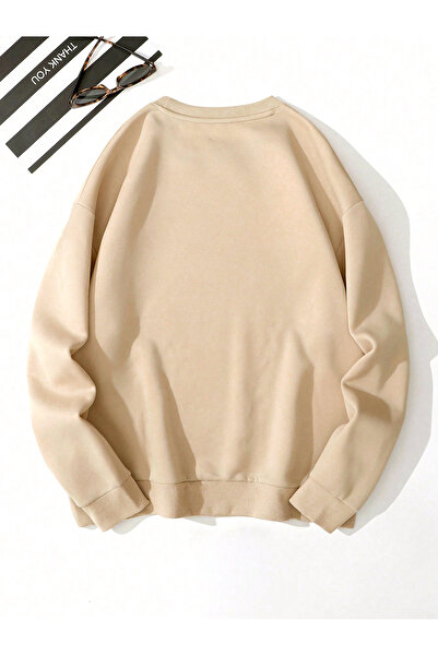 Cool Art K Maça Taç Noktalı Kalın Kışlık Sweatshirt - Bej Baskılı Oversize Şardonlu Bisiklet Yaka