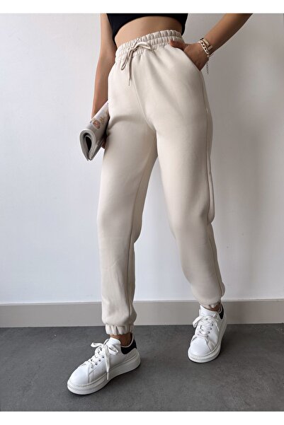 schlank Kadın Bej Kışlık Kalın İçi Polarlı Yüksek Bel Paçası Lastikli Basic Jogger Eşofman Altı