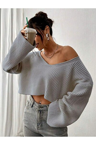 moda mh Pulover Crop Tricotaj cu decolteu în V - Design larg