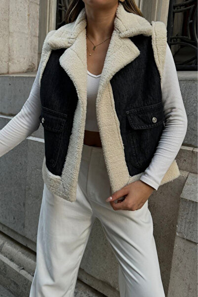 ASEDE Vestă de denim de mărime obișnuită cu guler de blană