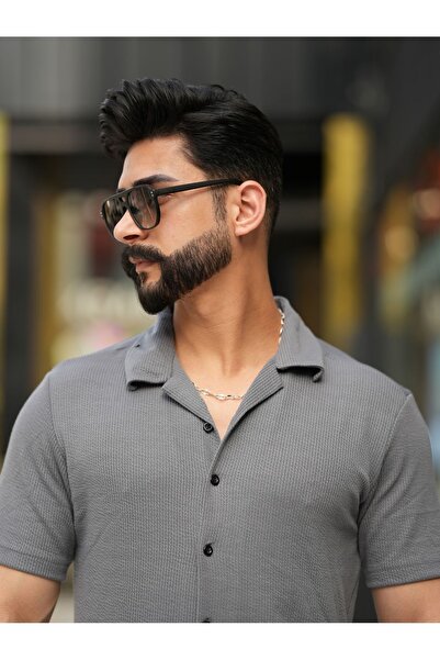 mavisima erkek giyimi Чоловіча сіра бавовняна сорочка з коротким рукавом, коміром-стійкою та візерунком у вигляді ниток