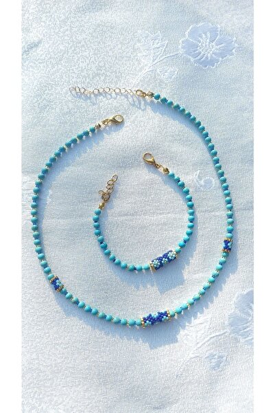 Atolye Ferda سوار مجدول من حجر الفيروز وميوكي - مجموعة قلادة (أزرق)