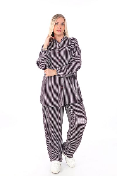 AfifeCOLLECTİON Comfortable Fit Striped Bottom Top Set Stylish Patterned Mother's Set with Trousers