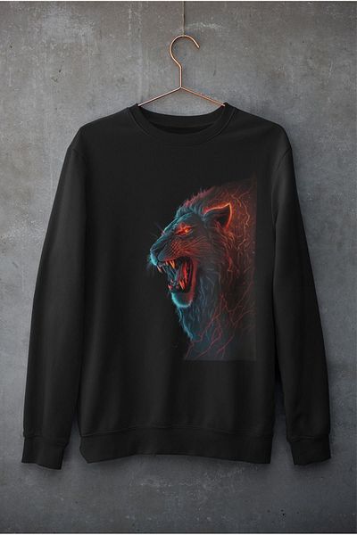 swOzz Hanorac negru unisex oversize fără glugă cu imprimeu Leu