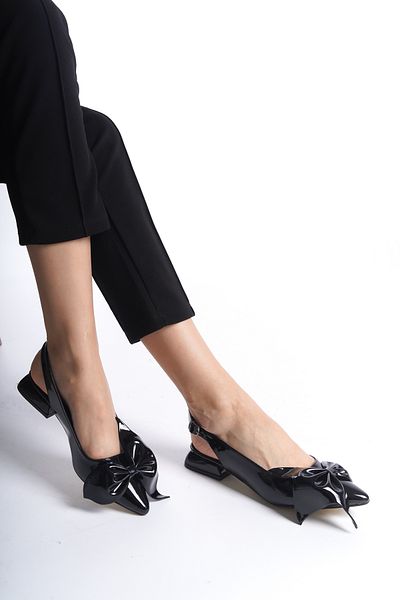 Brave Casual, Ballerina, Black Patent Leather, Bow, Open Back, Full Fit