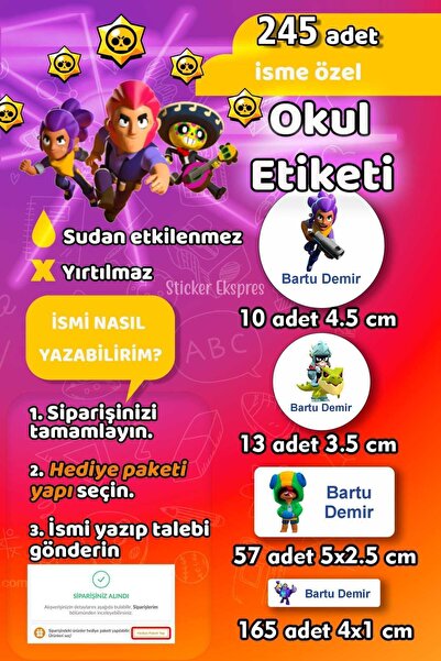 Sticker Ekspres Okul Etiketi Brawl Stars Kalem Defter Etiketi 245 Adet İsim E...