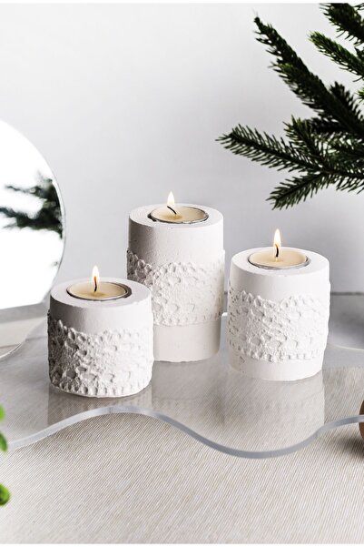 LALEZEN HOME 3Lü Dantel Model Beyaz Beton Mumluk