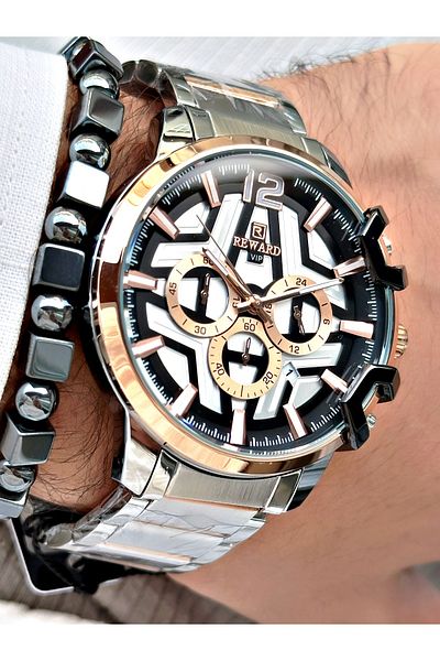 Reward Men's Silver Colored Large Case Steel Cord Wrist Watch + Bracelet