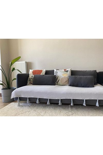MuHu Home Gray Tufted Knitted Patterned Sofa Cover - 90x210 cm (For Three-Seat Sofa)