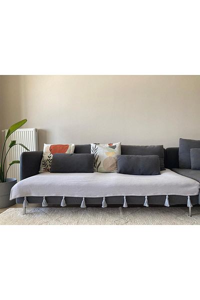 MuHu Home Gray Tufted Knitted Patterned Sofa Cover - 90x210 cm (For Three-Seat Sofa)